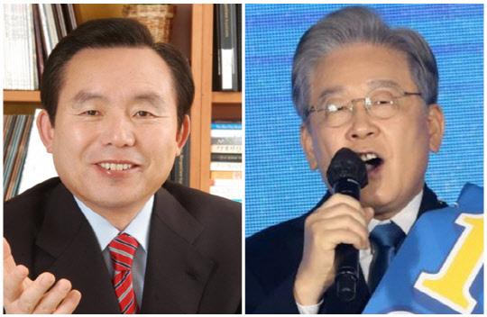 이인제(왼쪽) 전 국회의원과 이재명 더불어민주당 대선 후보. 연합뉴스